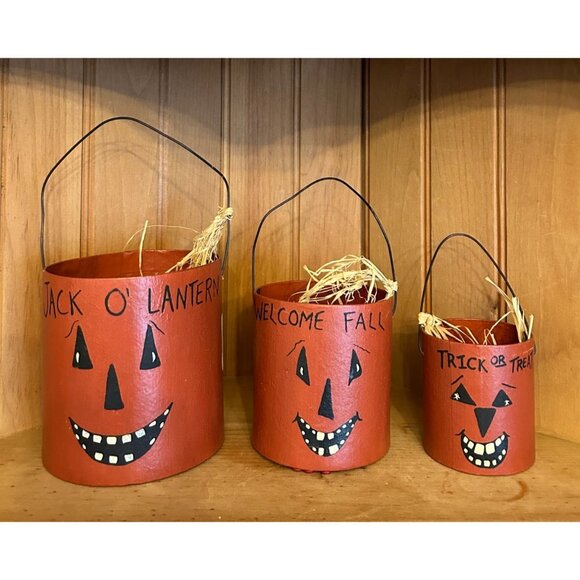 Vintage Primitive Halloween Fall Pumpkin Jack O Lantern Treat Buckets Set of 3 - Picture 1 of 4